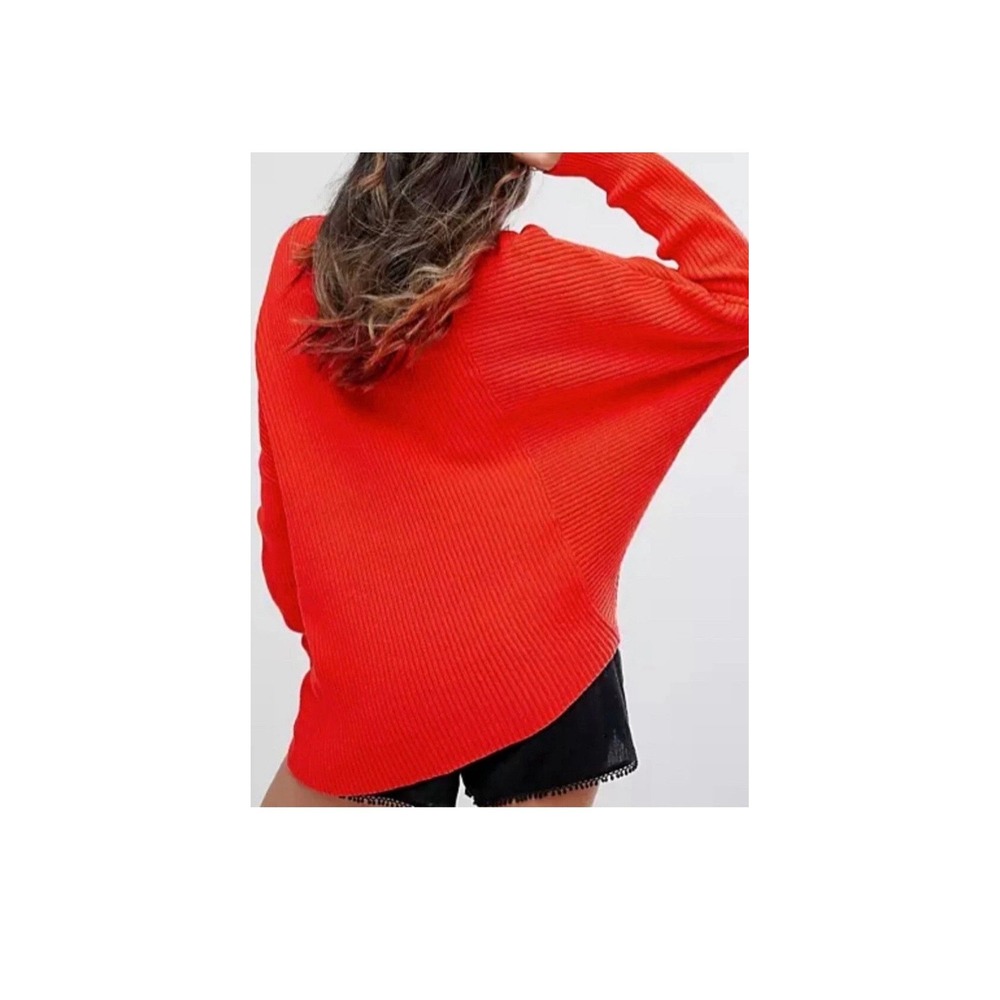 Free People Downtown Asymmetric Ribbed Sweater Oversized M Orange Red Boho Beach
